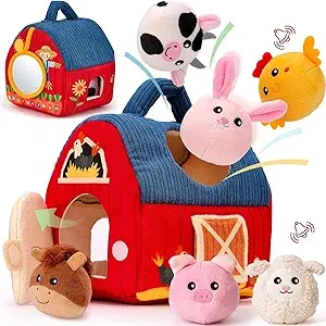 hahaland Baby Toys 6-12 Months - Surprise Barn with Stuffed Farm Animals, Rattle, Crinkle Paper, Mirror - Montessori Toys for Babies, Sensory Balls for Toddlers 1-3 - Baby Easter Basket Stuffers Gifts
