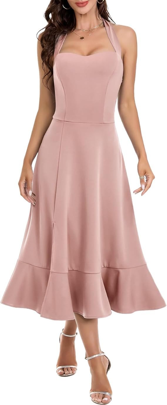 DRESSTELLS Women's Cocktail Dress 2025 Formal Halter Wedding Guest Split Ruffle Party Dresses