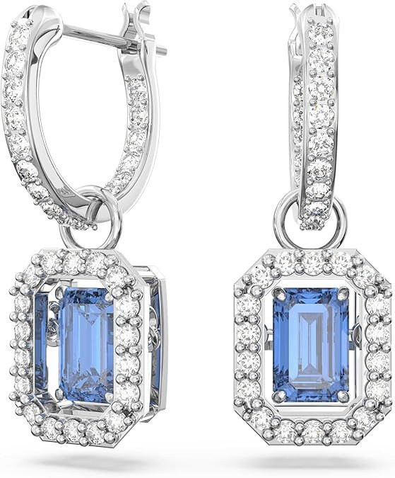 Swarovski Una Earrings, Octagon cut Swarovski Zirconia, Blue, Rhodium Finish