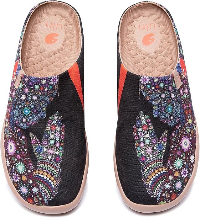 UIN Women's Slip On Mules Comfortable Flat Lightweight Wide Toe Clog Casual Art Painted Travel Shoes Malaga Series