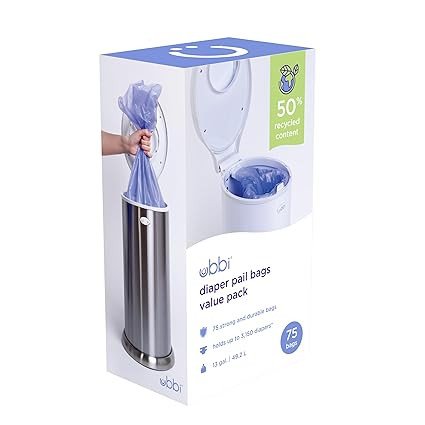 Ubbi Diaper Pail Plastic Bags, Disposable Baby Waste Bags, 3 Pack, 75 Count, 13-Gallon Bags