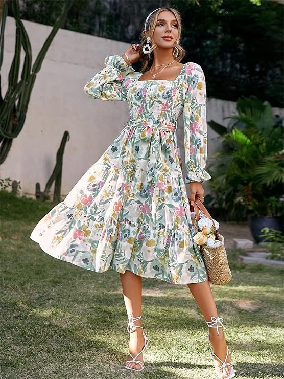 Amegoya Women's Boho Flowy Long Sleeve Square Neck Floral Midi Dress Smocked Spring Fall Wedding Guest Dresses