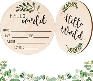 Baby Announcement Sign for Newborn - Beautiful Double-Sided Hello World Name Sign for Hospital Birth Announcement, The Perfect Round Wooden Welcome Baby Board for New Boy and Girl Gifts