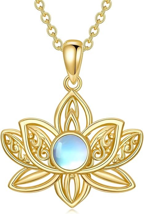 Solid 14K Gold Lotus Flower Necklace, Lotus Pendant with Moonstone Necklaces, Alcoholics Anonymous Sobriety Lotus Yoga Spiritual Jewelry for Women Birthday Christmas Gift for Her Mom Wife, 16+2 Inch