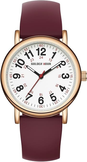GOLDEN HOUR Waterproof Nurse Watch for Medical Professionals, Students Women Men - Military Time Luminouse Easy Read Dial, 24 Hour with Second Hand, Colorful Silicone Band