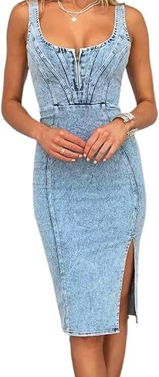 utcoco Denim Dress for Women Sleeveless Side Slit Bodycon Midi Jean Dresses for Women 2025
