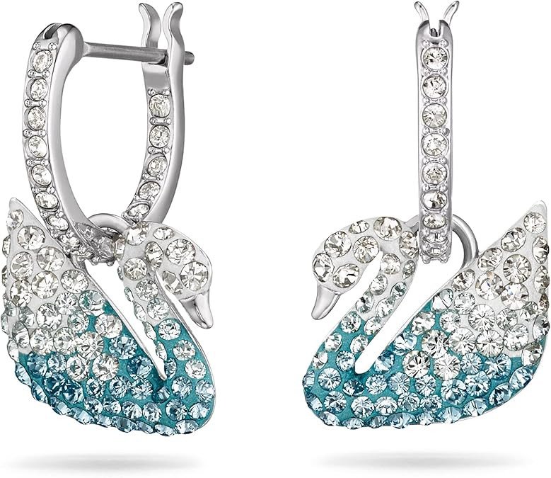 Swarovski Iconic Swan Collection Women's Pierced Earrings, Set of Blue and White Crystal Hoops with Rhodium Plating