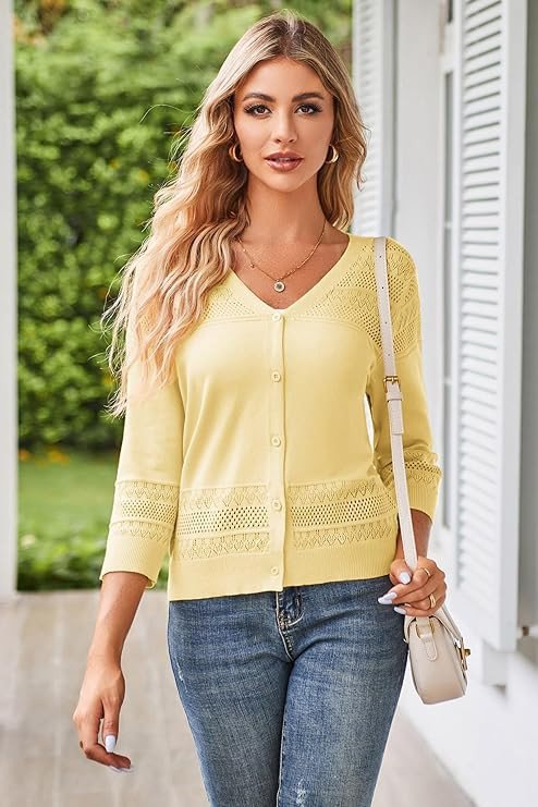 GRACE KARIN Women's 2025 Cropped Cardigan 3/4 Sleeve Lightweight Crochet Shrug Hollowed-Out Knit Sweater Tops