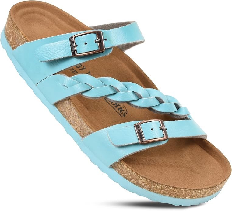 AEROTHOTIC Comfy Memory Foam Cork Sandals for Women Cute Dressy Adjustable Strappy Split Toe Slip On Vacation Essentials Women Footwear Open Toe Arch Support Slides