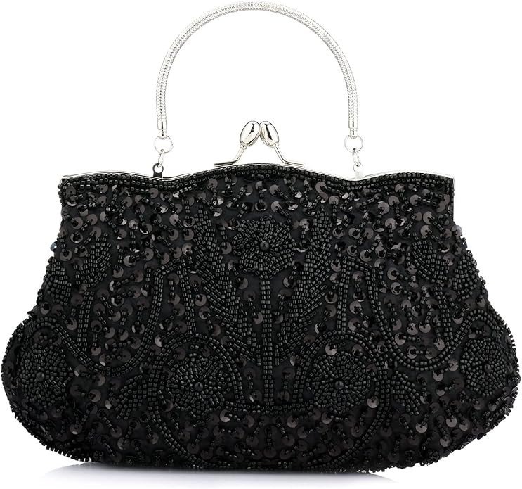 Women Beaded Sequin Design Flowers Evening Wedding Clutch Handbag Purse Vintage Beaded Embroidery Crossbody Evening Bag