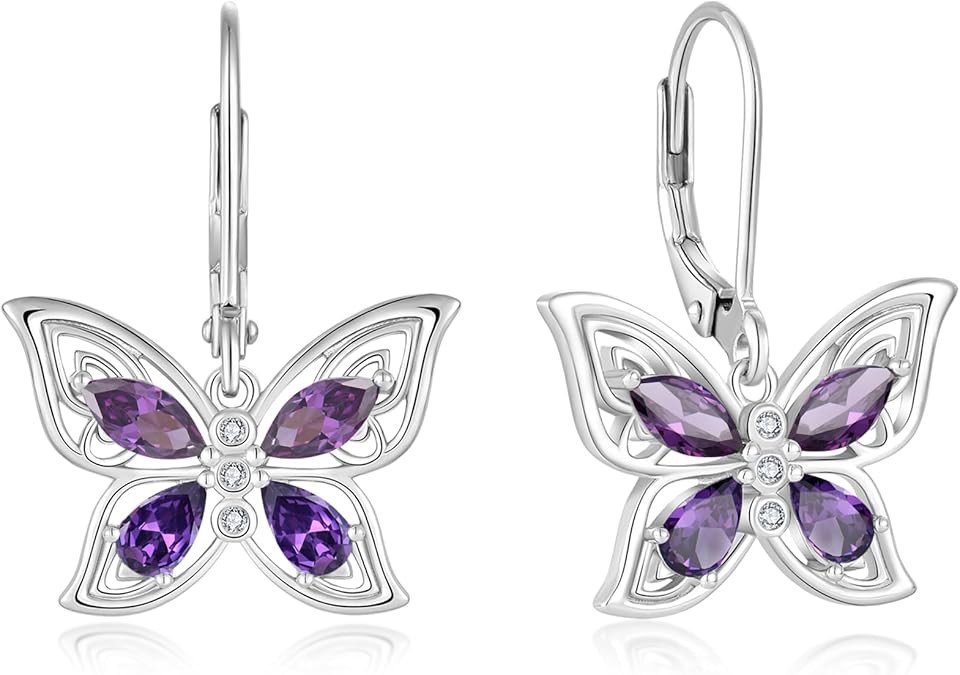 YL Big Butterfly Earrings for Women, Solid Sterling Silver 18K White Gold Plated Birthstone Teardrop Dangle Leverback Jewelry