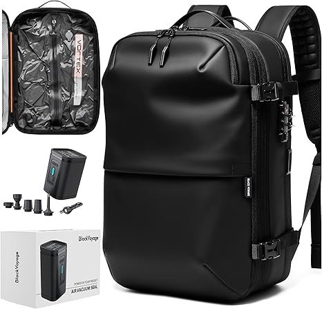 Airback Vacuum Seal Compression Travel Backpack 60L Expandable Vacpack Water Resistant TSA Lock Airbag Black (Electric Air Pump Included)