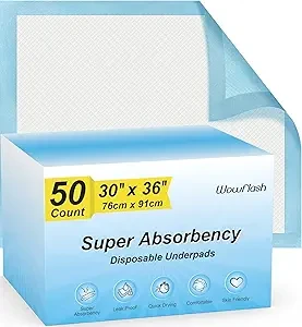 50 Count 30” x 36” Super Absorbency Disposable Underpads, Leakproof Quick Drying, Baby Puppy & Adults Bed Pads Disposable Adults, Dog Pee Pads Extra Large, XXL Incontinence Pads