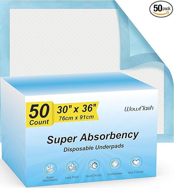 50 Count 30” x 36” Super Absorbency Disposable Underpads, Leakproof Quick Drying, Baby Puppy & Adults Bed Pads Disposable Adults, Dog Pee Pads Extra Large, XXL Incontinence Pads