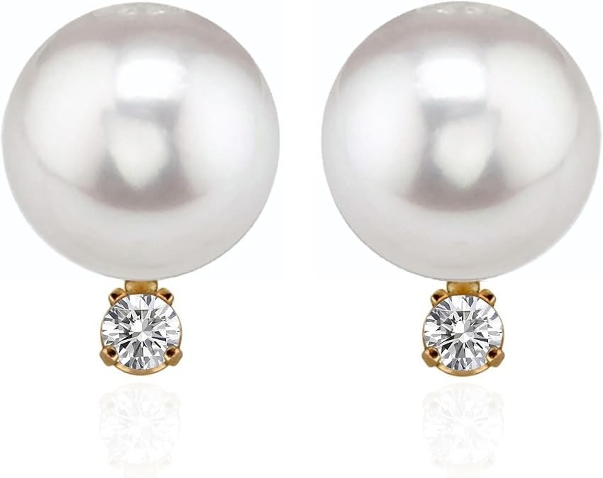 14K Yellow Gold AAA Quality Genuine Akoya Saltwater Cultured Pearl and Diamond Stud Earrings for Women