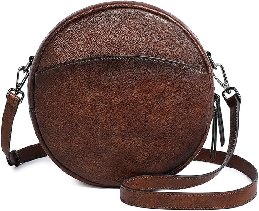 COOLCY Leather Crossbody Bags for Women, Circle Purse Shoulder Bag, Fashion Round Handbag for Travel, 2 Adjustable Strap