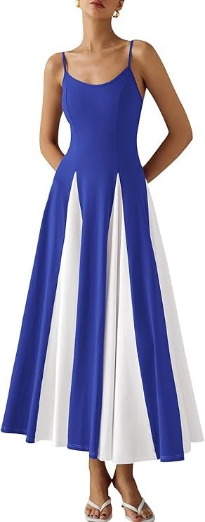 PRETTYGARDEN Spaghetti Strap Color Block Spring Dresses for Women 2025 Trendy Sleeveless Maxi Dress Flowy Prom Dresses
