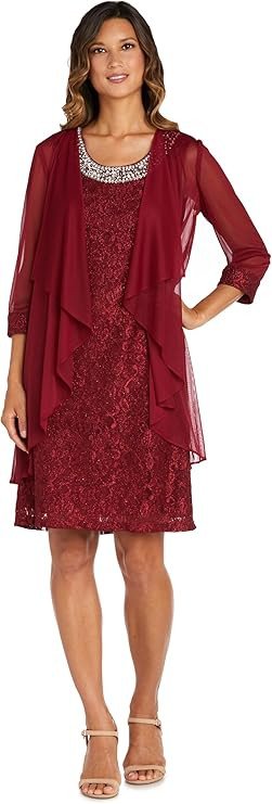 R&M Richards Women's 2pc Flyaway Jacket Over Lace Shift Dress with Beaded Neckline
