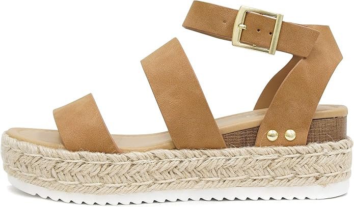 Soda Top Shoe Bryce Open Toe Buckle Ankle Strap Espadrilles Flatform Wedge Casual Sandal