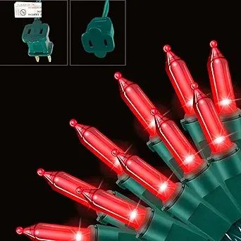 19.6ft Green Wire RED String Lights, 100 Count Incandescent Christmas Lights