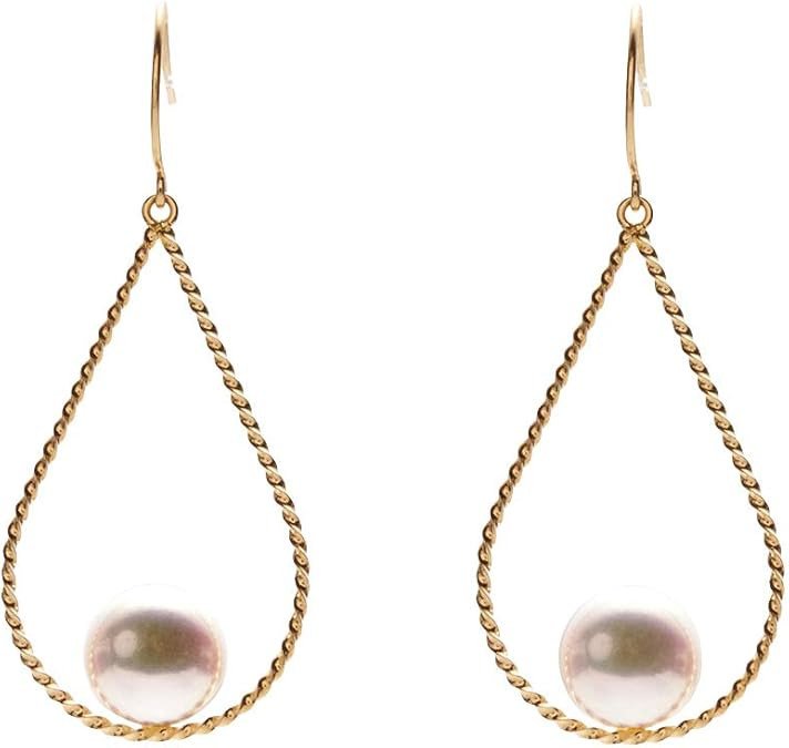 Japanese 6.5mm Akoya Cultured Pearl Dangle Earrings for Women with 18K Yellow Gold | Stylish Design Excellent Gift | Pearl Earrings