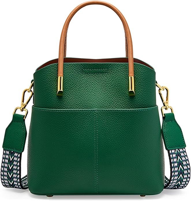 Bucket Bag for Women, Genuine Leather Crossbody Shoulder Purse, Handbags Tote Bag with Two Removable Straps