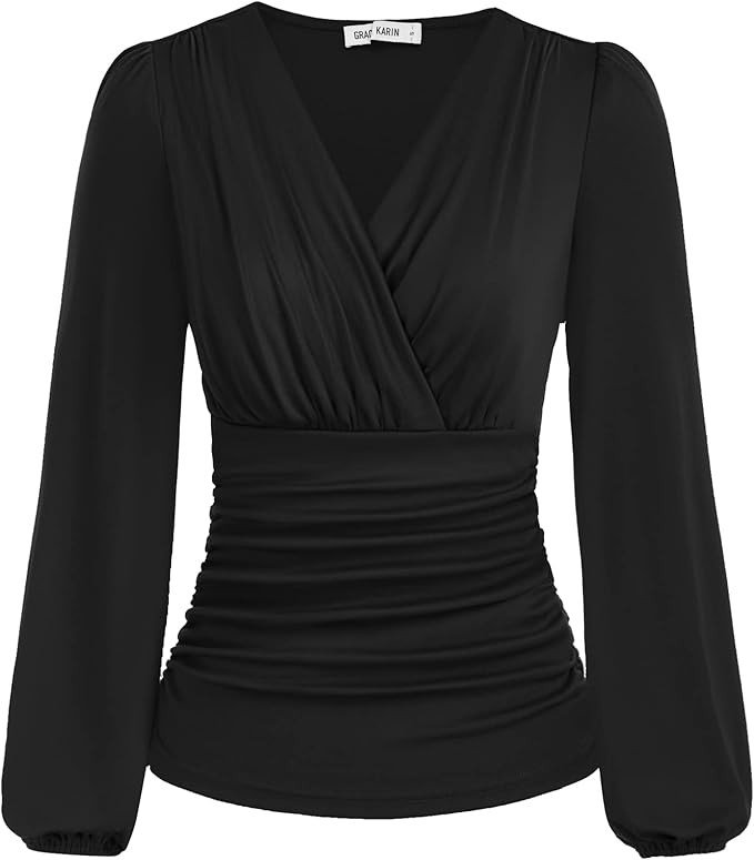 GRACE KARIN 2025 Womens Tops Elegant Wrap Blouse V Neck Work Shirts Long Sleeve Dressy Casual Ruched Top