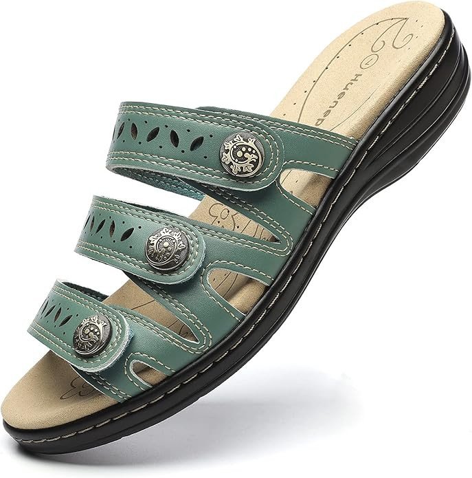 Women's Comfort Leather Slides Lightweight Flat Sandals Cute Slip On Casual Walking Slippers
