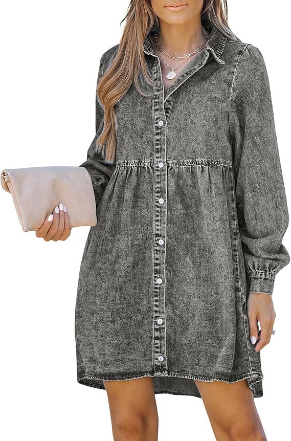 LookbookStore Long Sleeve Denim Dress for Women Jean Dress Button Down Casual Babydoll Denim Shirt Dress