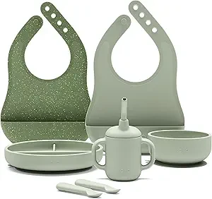 Lalo First Bites Silicone Baby Feeding Set - Baby Led Weaning Supplies - Non-Toxic Silicone - Includes 2 Bibs, 2 Spoons, Training Cup, Suction Plate and Bowl - 6 Pieces - Sage