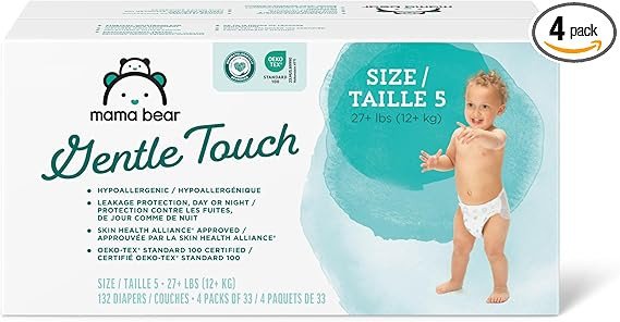 Amazon Brand - Mama Bear Gentle Touch Diapers, Hypoallergenic, Size 5, 132 Count (4 packs of 33), White