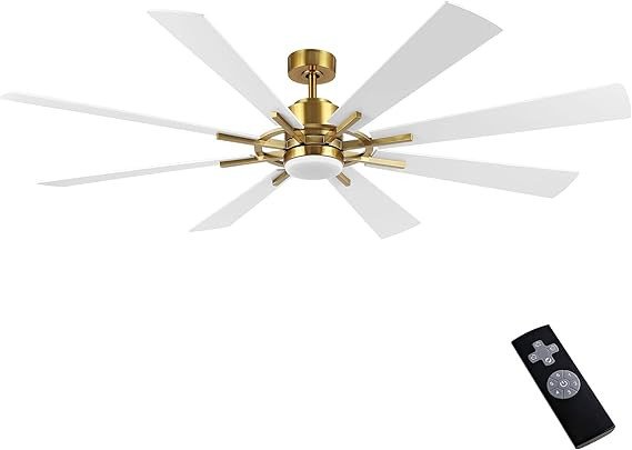 WINGBO 80" DC Ceiling Fan with Lights and 3 Downrods, Large Ceiling Fan with 8 Plywood Blades, 6-Speed Reversible DC Motor, Windmill Ceiling Fans for Kitchen Bedroom Living Room, Gold and White