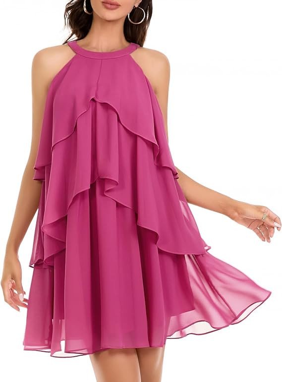 DRESSTELLS Women's Casual Halter Ruffle Tiered Dresses, Loose Beach Vacation Chiffon Aline Mini Sundress