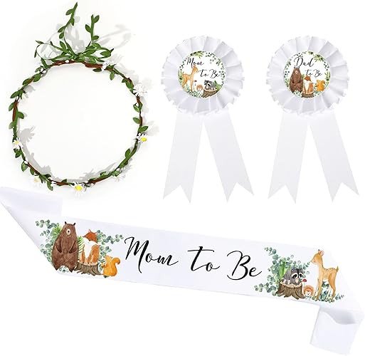 Xinnun 4 Pieces Mom to Be Sash Baby Shower Themed Mom to Be Sash for Mom and Dad Corsage Pin with Sage Green Leaf Flowers Crown for Baby Shower Party Favors Gender Reveal