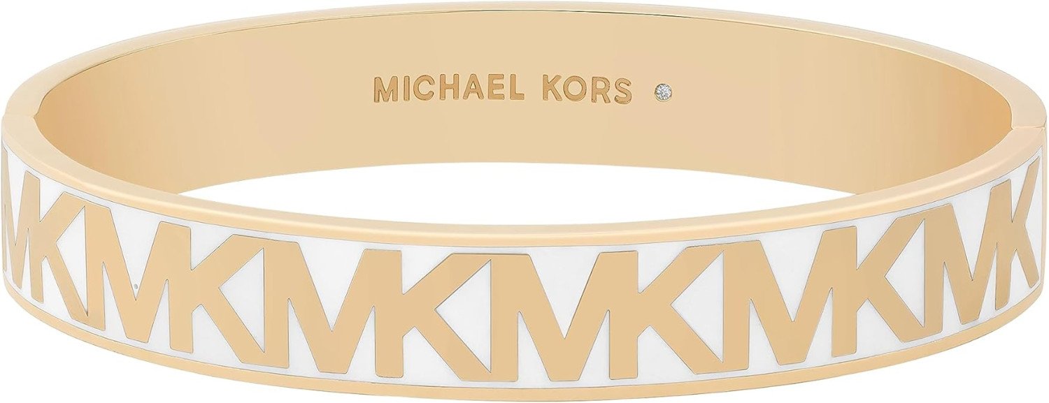 Michael Kors Brass and Enamel MK Logo Bangle Bracelet for Women, Color: Gold/White (Model: MKJ8241710)