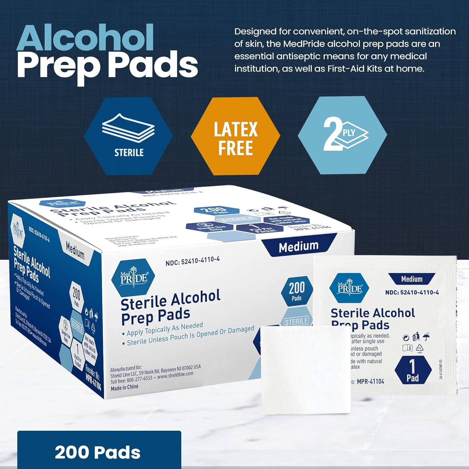 MED PRIDE 200 Sterile Prep Pads – Medical-Grade Antiseptic Sterile Alcohol Pads, Individually Wrapped, Medium Square, 2-Ply