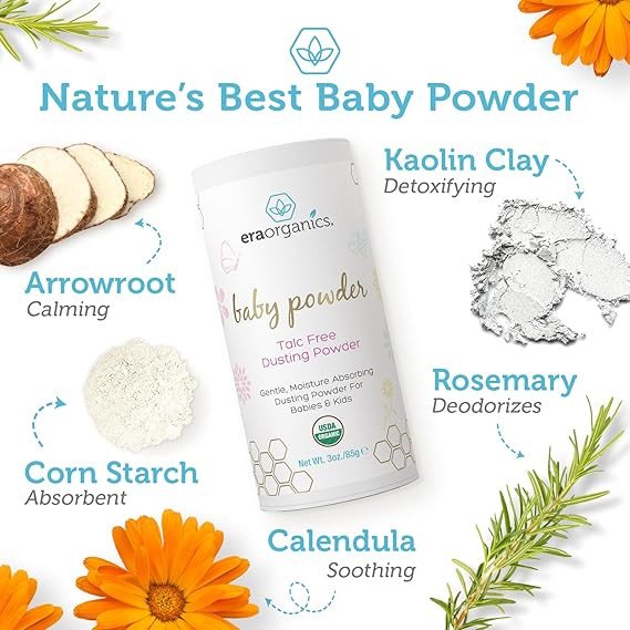 USDA Organic Baby Powder Talc-Free - Soothing Arrowroot, Calendula and Cornstarch for Newborn, Babies or Toddlers - Made in USA - 3oz/85g