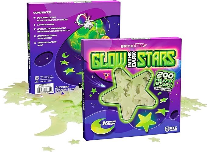 Glow in The Dark Stars for Ceiling 200PK Easter Basket Stuffers for Kids - Star Brite High Plastic Glow Stars with Moon & Putty Ages 4,5,6,7,8,9,10,11,12 for Bedroom Space Night Light Room Non-Toxic