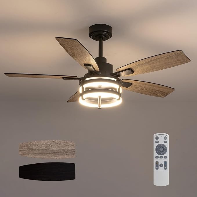 46 Inch Ceiling Fans with Lights and Remote Control, Farmhouse Ceiling Fan with LED Lighting for Bedroom Living Room and Patio, Black Caged Ceiling Fan for Indoor and Outdoor