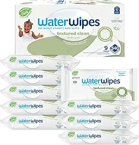 WaterWipes Plastic-Free Textured Clean, Toddler & Baby Wipes, 99.9% Water Based Wipes, Unscented & Hypoallergenic for Sensitive Skin, 540 Count (9 packs), Packaging May Vary