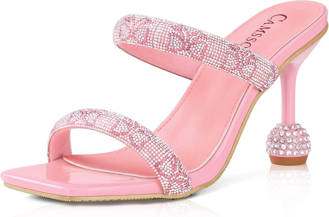 CAMSSOO Women's Rhinestones Heels Sandals Square Open Toe Strappy Slip On Mules Dress Sexy Fashion Wedding Backless Stilettos Heeled Slippers