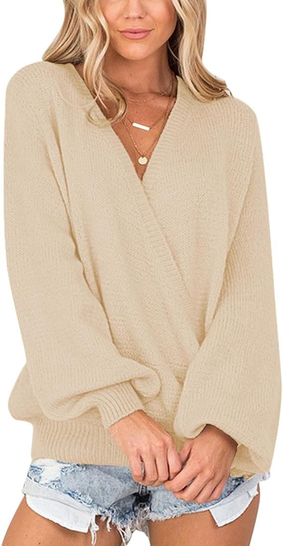 LookbookStore Women's Knit Long Sleeve Faux Wrap Surplice V Neck Sweater Top