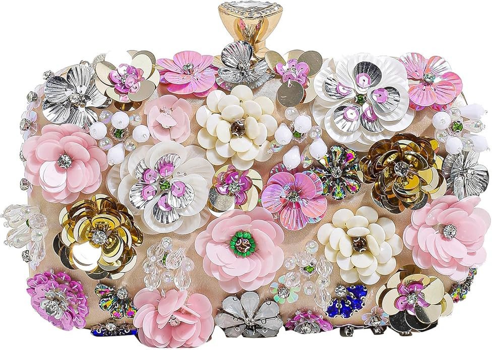 Floral Evening Bag for Women Embroidery Beaded Clutch Purses Vintage Pearl Evening Handbags Elegant Crossbody Shoulder Bag