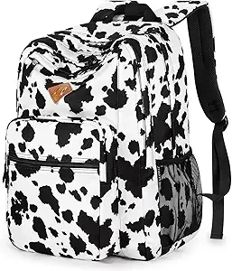 ZORFIN 26L Backpack for School, College, and Travel: Water Resistant Bookbag with 8 Compartments - Cow Print Black