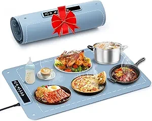 Food Warming Mat, 10S Rapid Heating Warming Mat for Food, Upgraded Heating Tech Food Warmer Mat with 4 Adjustable Temperature & Timer, Full Surface Electric Warming Trays for Buffets Parties Family