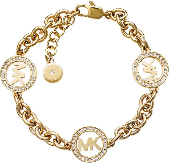 Michael Kors Stainless Steel and Pavé Crystal MK Logo Chain Bracelet for Women, Color: Gold (Model: MKJ4729710)