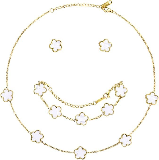 AmorArtSky Lucky Clover Necklace Jewelry Sets,18K Gold Plated Flower Design Five Leaf Bracelet,Clover Necklace Pendant,Clover Earrings for Women Lucky Gifts for Mom,Wife, Daughter,Friends