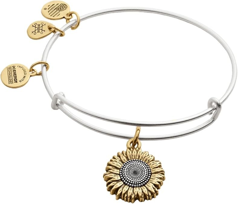 Alex and Ani Tokens Expandable Bangle for Women, Sunflower Charm, Two-Tone Finish, 2 to 3.5 in
