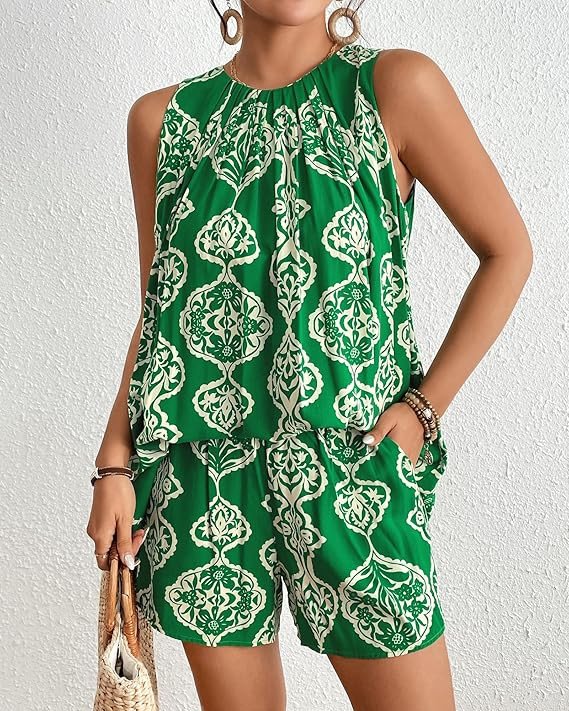 Bsubseach Women Two Piece Sets For Summer Boho Shorts Set Sleeveless Clothes Vacation Outfits