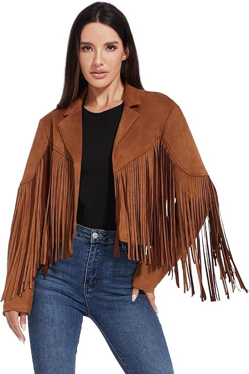 Fahsyee Women's Fringe Leather Jackets - Suede Faux Motocycle Biker Cropped Coat Vegan Blazer Pleather Fashion Tassel S-XXL